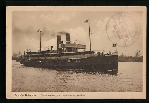 AK Dampfer Bubendey der H.-A.-Linie den Hafen verlassend