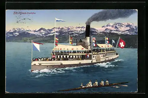 Künstler-AK Salondampfer Helvetia mit Flaggengala auf dem Zürichsee, Ruderboot