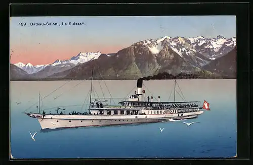 Künstler-AK Salondampfer La Suisse mit Schweizer Alpenpanorama
