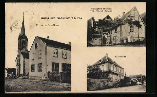 AK Bossendorf i. Els., Spezereihandlung von Joseph Amann, Pfarrhaus