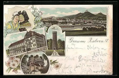 Lithographie Zabern i. E., Hotel zur Sonne, Ruine Hohbarr mit Kapelle