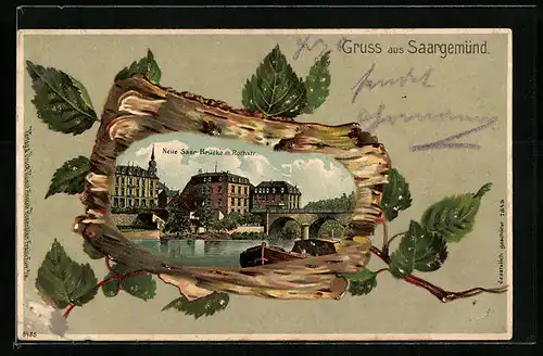 Lithographie Saargemünd, Neue Saar-Brücke mit Rothstrasse, Ansicht auf Birkenrinde