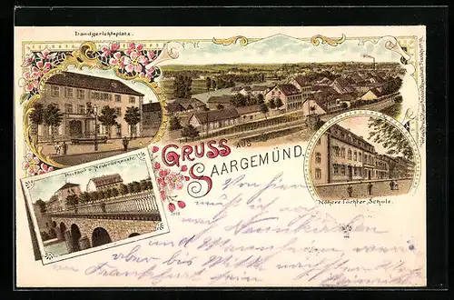 Lithographie Saargemünd, Landgerichtsplatz, Höhere Töchter Schule