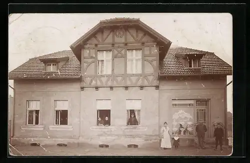 Foto-AK Grünberg /Nordbahn, Bäckerei Paul Deter 1910