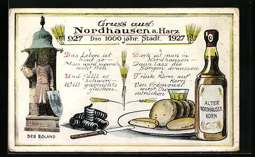 AK Nordhausen a. Harz, Die 1000 jähr. Stadt 927-1927, Der Roland, Flasche Alter Nordhäuser Korn und Teller mit Broten