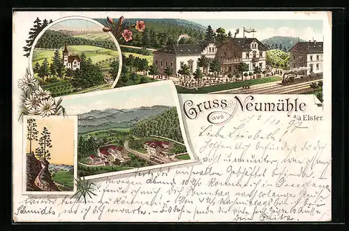 Lithographie Neumühle a. d. Elster, Hotel, Kirche, Ortspartie mit Felsen