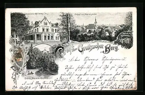 Künstler-AK Groitzsch, Ortsansicht vom Berge aus, Restaurant zur Wiprechtsburg