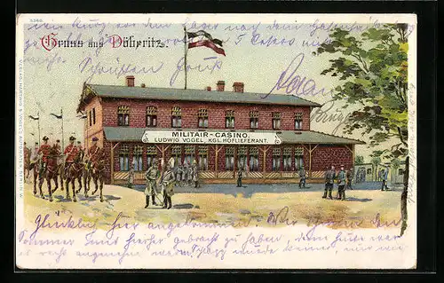 Lithographie Döberitz, Militair-Casino Ludwig Vogel mit Kavallerietrupp und weiteren Soldaten