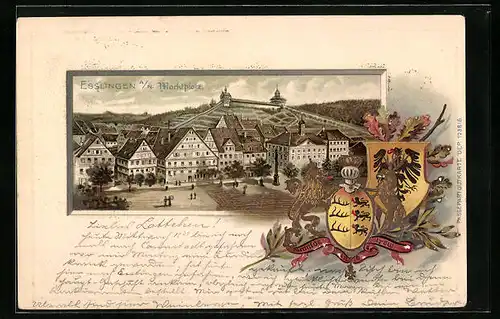 Passepartout-Lithographie Esslingen a. N., Partie am Marktplatz, Geprägte Wappen