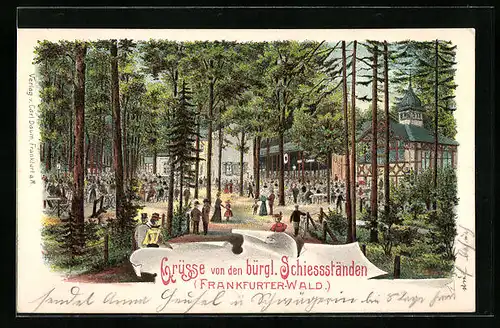 Lithographie Frankfurt-Niederrad., Gasthaus Bürgliche Schiessstände im Frankfurter Wald