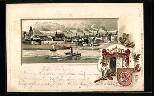 Passepartout-Lithographie Höchst a. M., Panorama der Stadt mit Maindampfer, Geprägtes Wappen