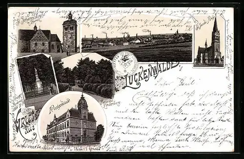 Lithographie Luckenwalde, Panorama der Stadt, Stadtwappen, Johanniskirche, Postgebäude