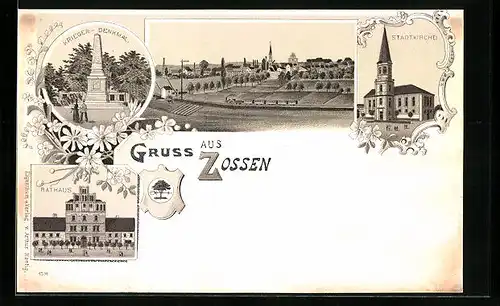 Lithographie Zossen, Ortsansicht mit Eisenbahn, Krieger-Denkmal, Stadtkirche und Rathaus
