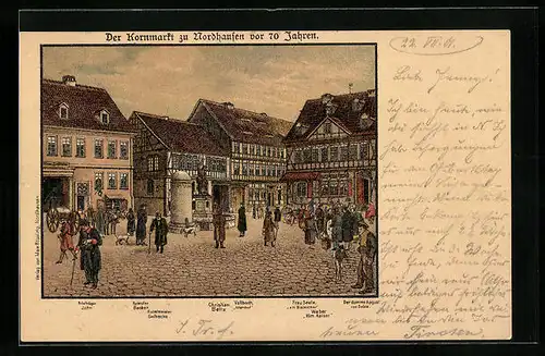Lithographie Nordhausen, Kornmarkt um 1830, Ausrufer Becker, Briefträger John