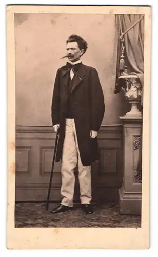 Fotografie F. W. Maas, Frankfurt / Main, Herr im Anzug mit voluminösem Schnauzbart und Flanierstock