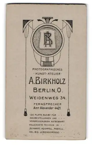 Fotografie A. Birkholz, Berlin, Wedenweg 34, Monogramm des Fotografen in stilistischer Darstellung
