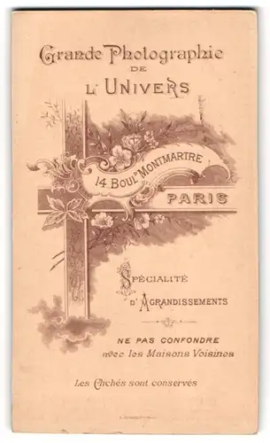 Fotografie Grande Photographie de L`Univers, Paris, 14 Boul. Montmartre, Florale Verziehrung mit Adresse des Ateliers