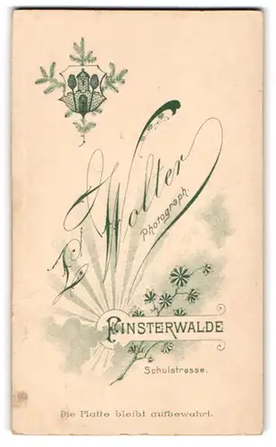 Fotografie L. Wolter, Finsterwalde, Schulstrasse, aufgehende Sonne mit Stadtwappen von Finsterwalde