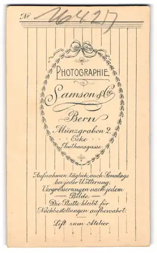 Fotografie Samson & Co., Bern, Münzgraben 2, Namen und Anschrift des Fotografen und Umrandung