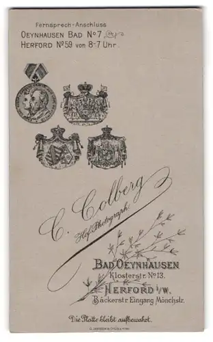Fotografie C. Colberg, Bad Oeynhausen, Klosterstr. 13, gedruckter Orden und Wappen