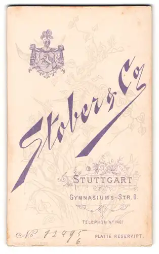 Fotografie Stober & Co., Stuttgart, Gmynasium-Str. 8, Wappen mit Pferd und Ritterhelm