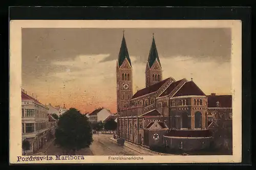 AK Maribor, Franziskanerkirche mit Strassenpartie