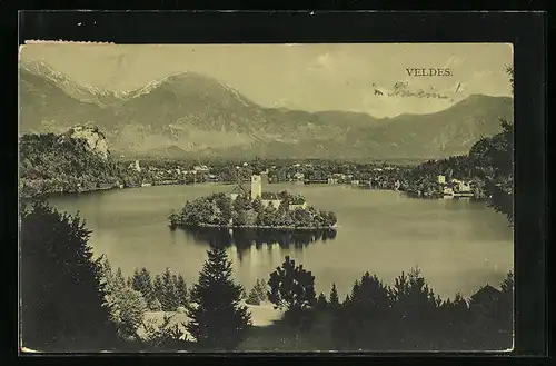 AK Veldes, Panorama mit See und Bergen