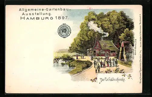 Lithographie Hamburg, Allgemeine-Gartenbau-Ausstellung 1897, Zur Waldschenke