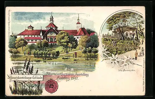 Lithographie Hamburg, Allgemeine Gartenbau-Ausstellung 1897, Haupt-Ausstellungs-Gebäude