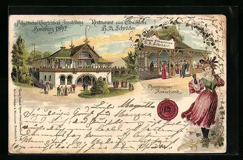 Lithographie Hamburg, Allgemeine Gartenbau-Ausstellung 1897, Restaurant zum Elbschloss