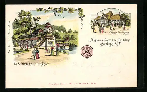 Lithographie Hamburg, Allgemeine Gartenbau-Ausstellung 1897, Weinhütte im Tal