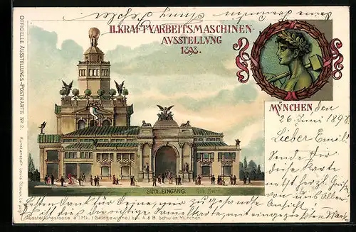 Lithographie München, II. Kraft- und Arbeitsmaschinenausstellung 1898, Südlicher Eingang
