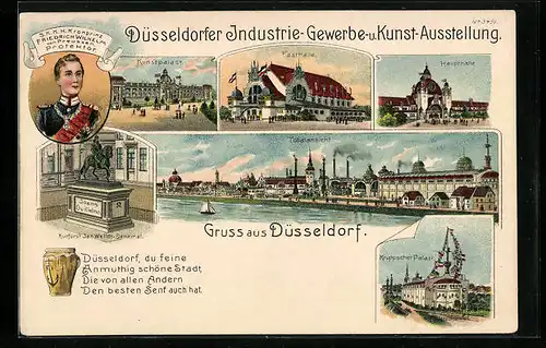 Lithographie Düsseldorf, Industrie-Gewerbe- u. Kunst-Ausstellung mit Porträt Kronprinz Friedrich Wilhelm