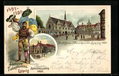 Lithographie Leipzig, Sächsisch-Thüringische Industrie- und Gewerbeausstellung 1897, Eingang zur Messstadt