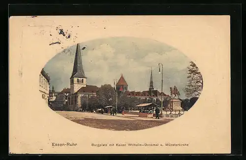 Foto-AK Essen /Ruhr, Burgplatz mit Denkmal und Münsterkirche