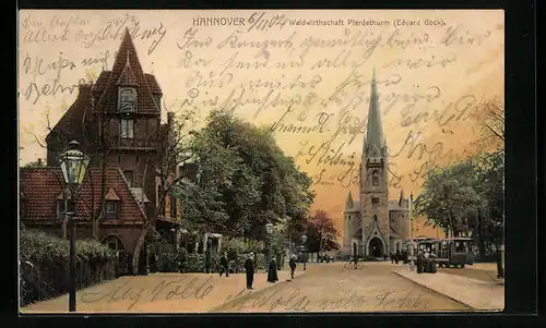 AK Hannover, Waldwirtschaft Pferdethurm mit Strasse und Kirche