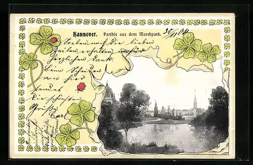 Passepartout-AK Hannover, Partie aus dem Maschpark, Glücksklee mit Marienkäfern