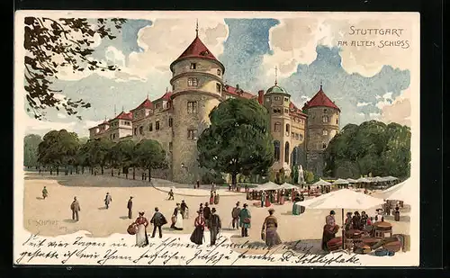 Künstler-AK Stuttgart, Marktstände und Passanten am Alten Schloss