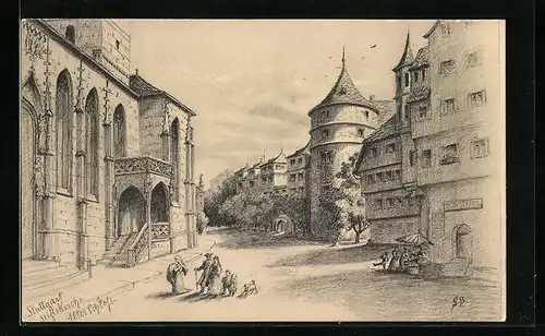 Künstler-AK Stuttgart, Partie an der Stiftskirche mit Altem Schloss