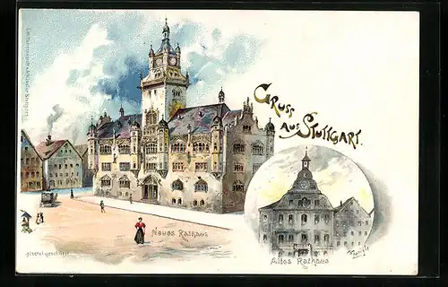 Künstler-AK Stuttgart, Neues und Altes Rathaus