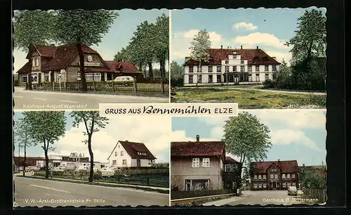 AK Bennemühlen /Elze, Kaufhaus August Warnstorf, V. W.-Aral-Grosstankstelle Fr. Stille, Gasthaus O. Goltermann