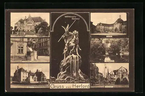 AK Herford, Wittekinds-Denkmal, Bahnhof, Alter Markt