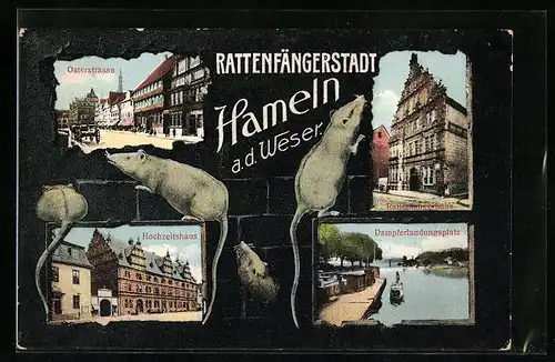 AK Hameln a. d. Weser, Osterstrasse, Rattenfängerhaus, Hochzeitshaus, Dampferlandungsplatz