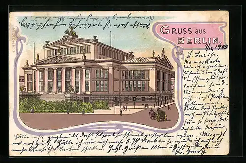 Lithographie Berlin, Blick auf Kgl. Schauspielhaus, Gendarmenmarkt