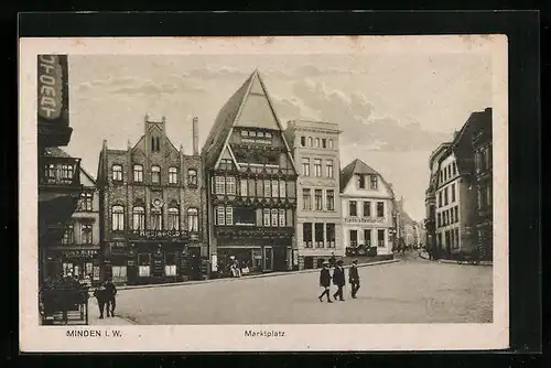 AK Minden i. W., Marktplatz mit Kleiters Restaurant