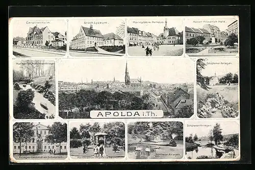 AK Apolda i. Th., Ortsansicht, Marktplatz mit Rathaus, Schötener Anlagen