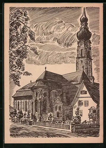 Künstler-AK Höchst, Darstellung der Pfarrkirche