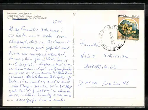 AK St. Pauls /Eppan, Restaurant Paulserhof, Innenansichten