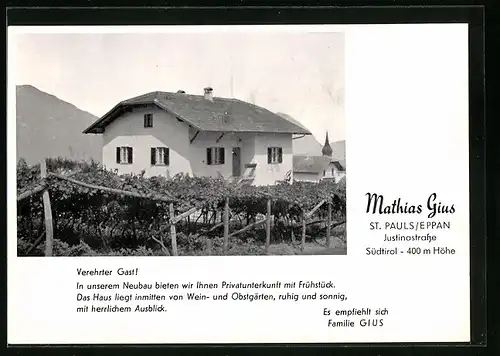 AK St. Pauls /Eppan, Pension Mathias Gius, Justinastrasse