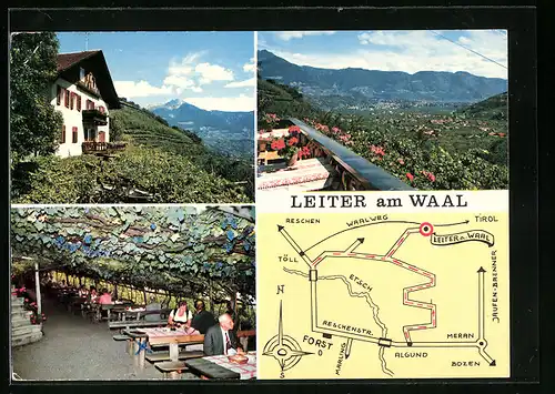 AK Algund bei Meran, Gasthof Leiter am Wall, Terrasse, Landkarte mit Etsch, Bozen und Waalweg